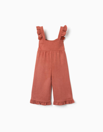 Wide leg dungarees with ruffles for baby girls, terracotta
