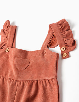 Wide leg dungarees with ruffles for baby girls, terracotta