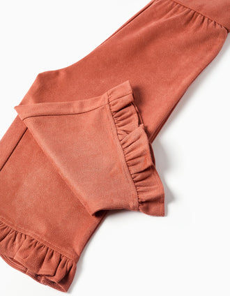 Wide leg dungarees with ruffles for baby girls, terracotta