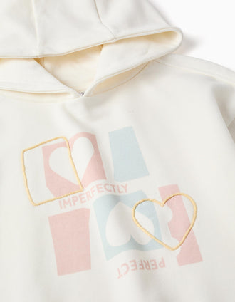 Cotton hooded sweatshirt with heart print for girls, white/blue/pink