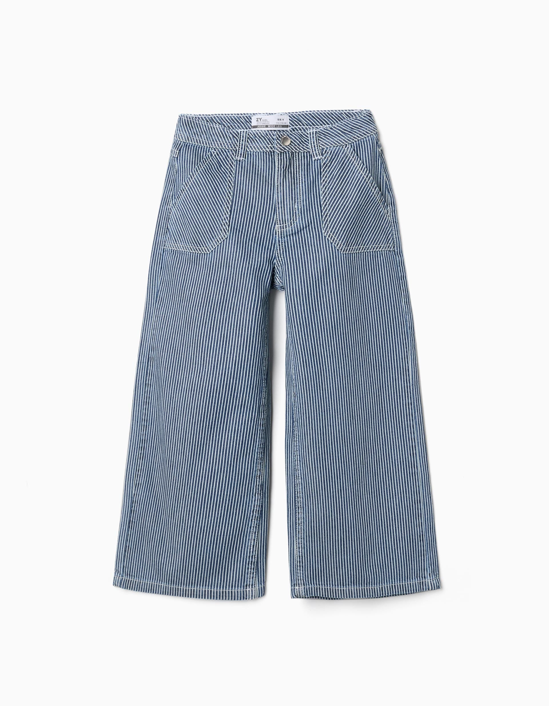 Calças de ganga wide leg às riscas para menina, azul/branco