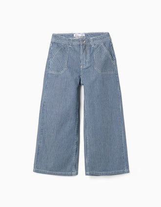 Calças de ganga wide leg às riscas para menina, azul/branco