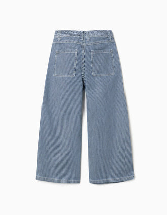 Calças de ganga wide leg às riscas para menina, azul/branco