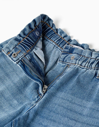 Jean en coton avec taille paperbag et ourlets repliés pour fille, bleu