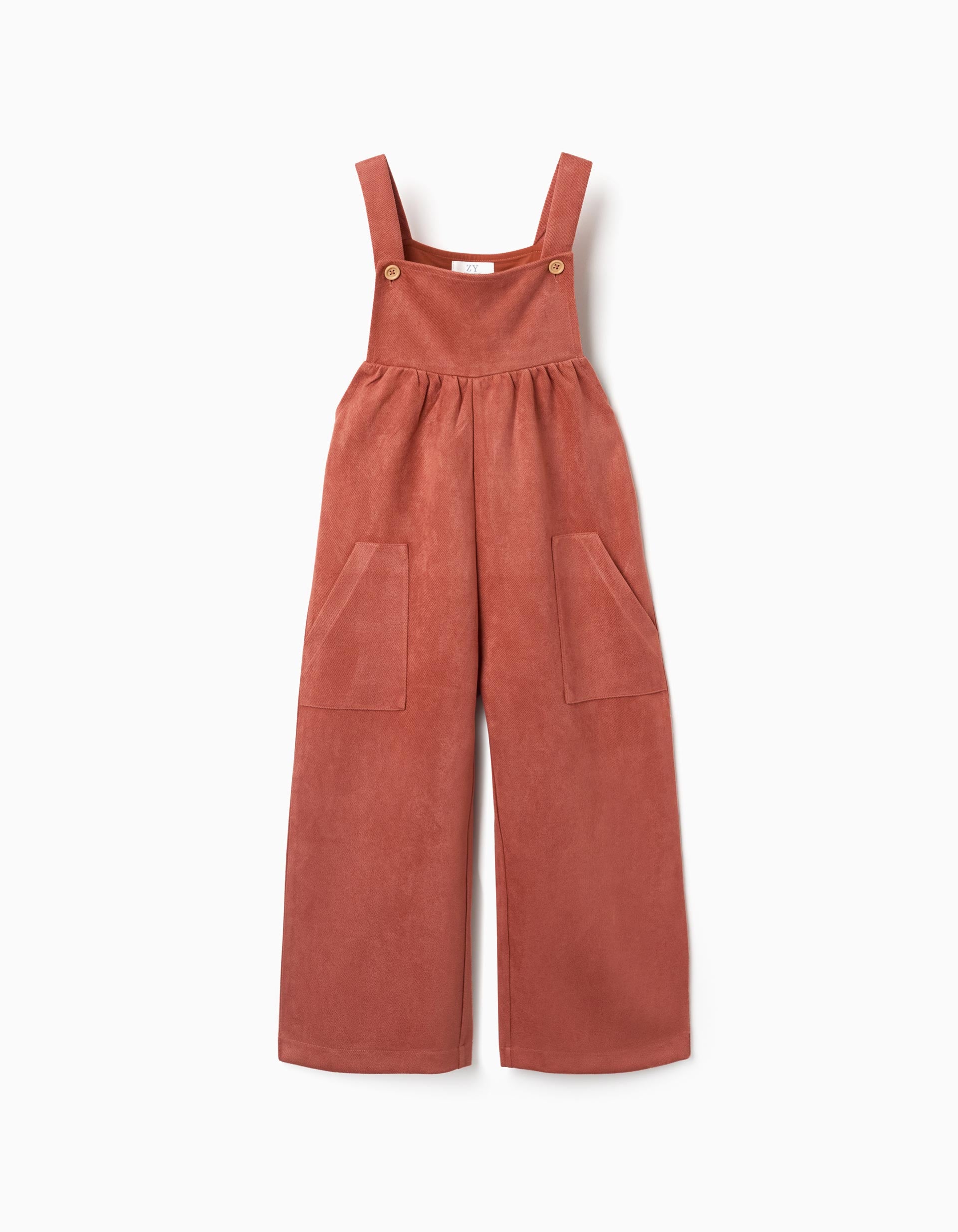 Wide leg interlock knit dungarees with pockets for girls, terracotta