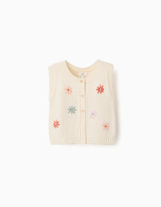 Chaleco de punto con bordado floral para bebé niña, blanco