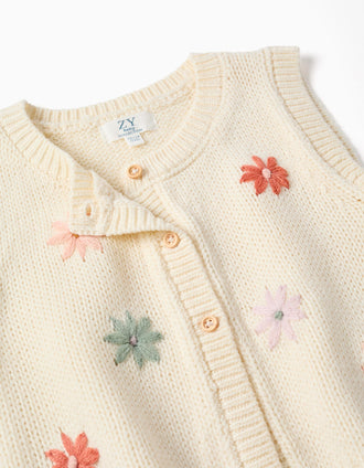 Chaleco de punto con bordado floral para bebé niña, blanco