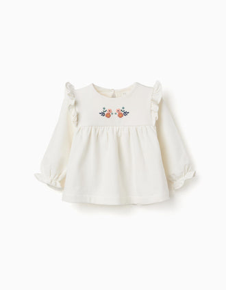 Sweat en coton peigné avec fleurs en relief pour bébé fille, blanc