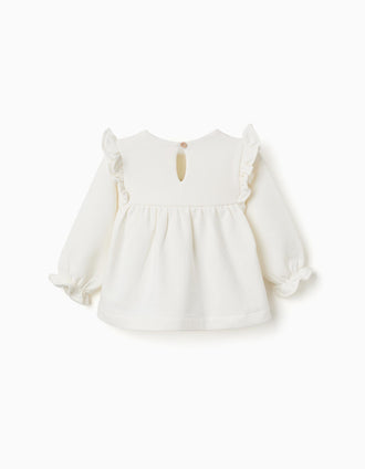 Sweat en coton peigné avec fleurs en relief pour bébé fille, blanc