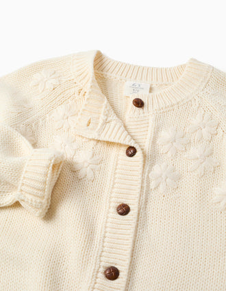 Cardigan en maille avec fleurs brodées pour fille, blanc