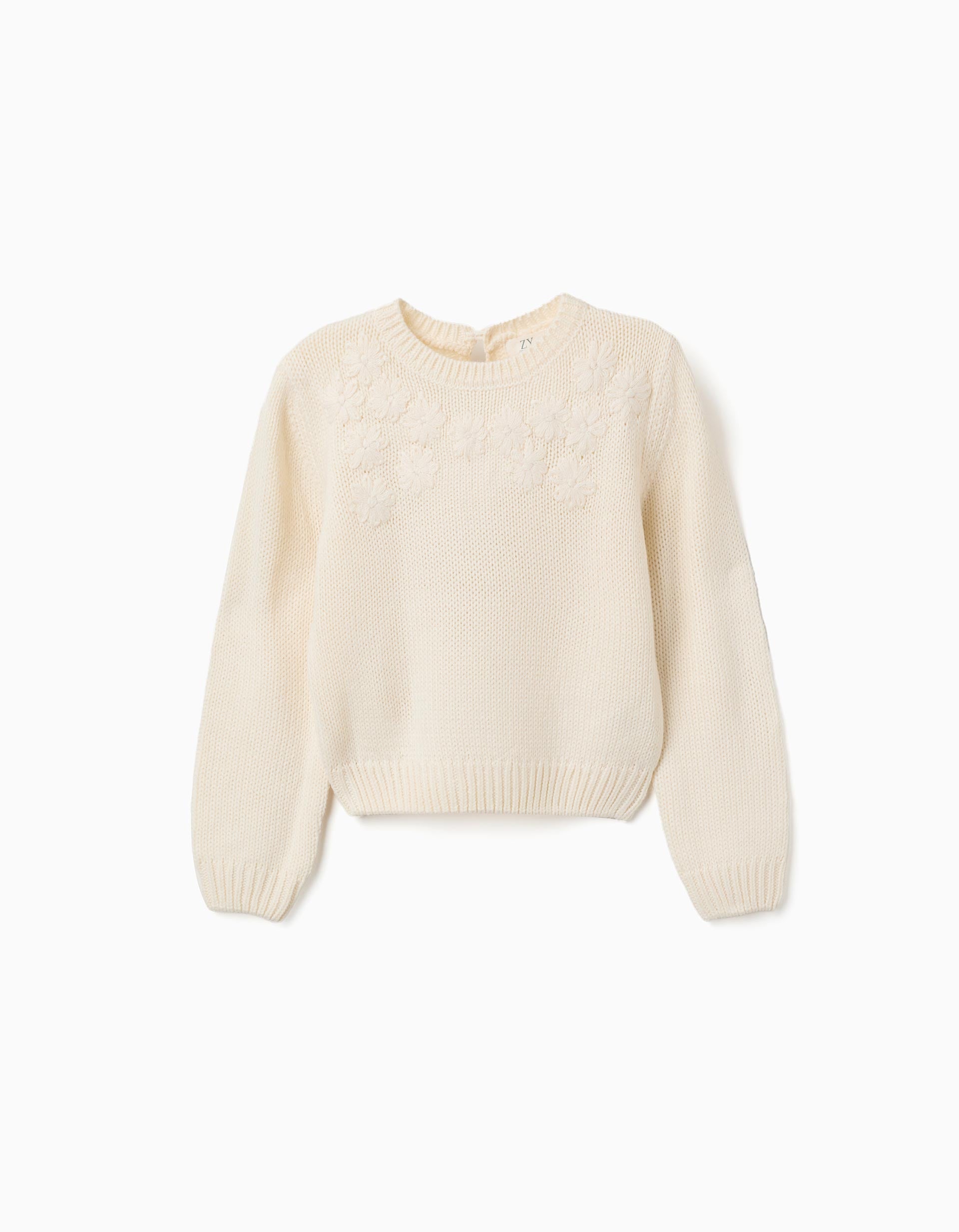 Pull en maille avec broderie florale pour fille, blanc