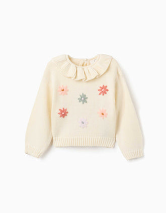 Jersey de punto grueso con flores bordadas para bebé niña, blanco