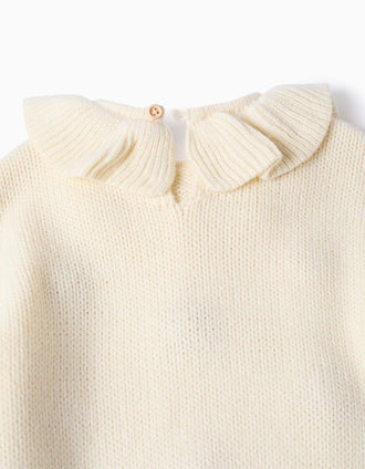 Jersey de punto grueso con flores bordadas para bebé niña, blanco