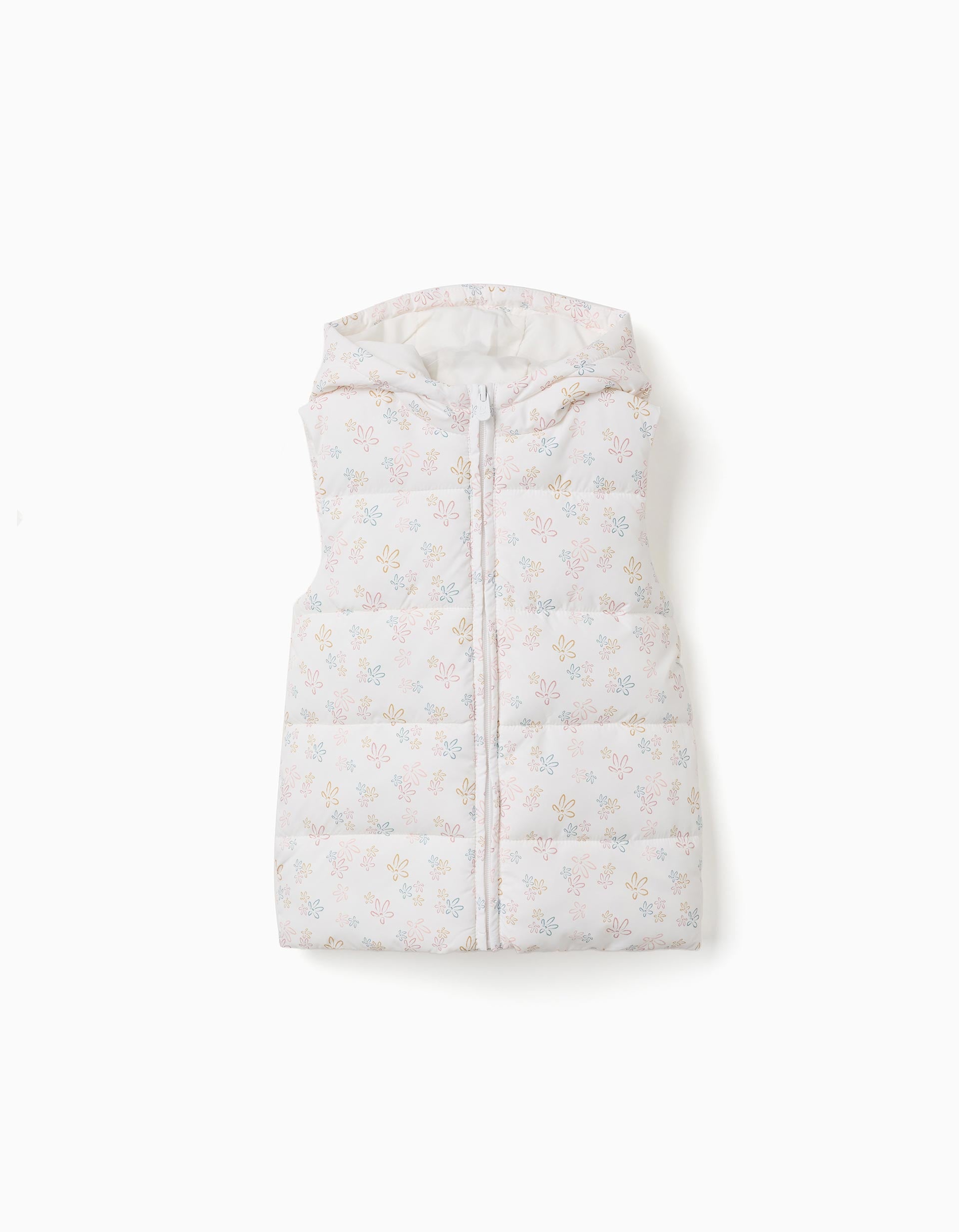Hooded puffer vest with floral pattern for girls, white