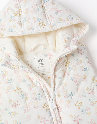 Hooded puffer vest with floral pattern for girls, white