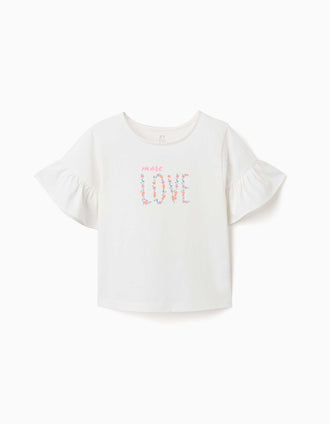 T-shirt de algodão com estampado More Love para menina, branco
