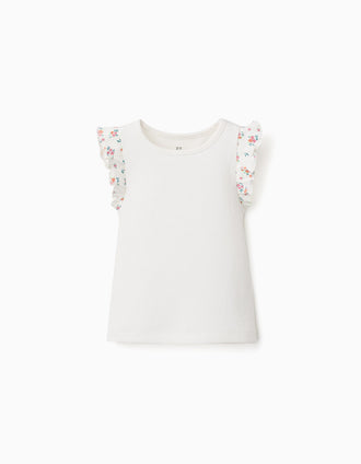 T-shirt en coton côtelé à volants pour bébé fille, beige clair