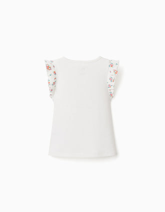 T-shirt en coton côtelé à volants pour bébé fille, beige clair