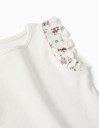T-shirt en coton côtelé à volants pour bébé fille, beige clair