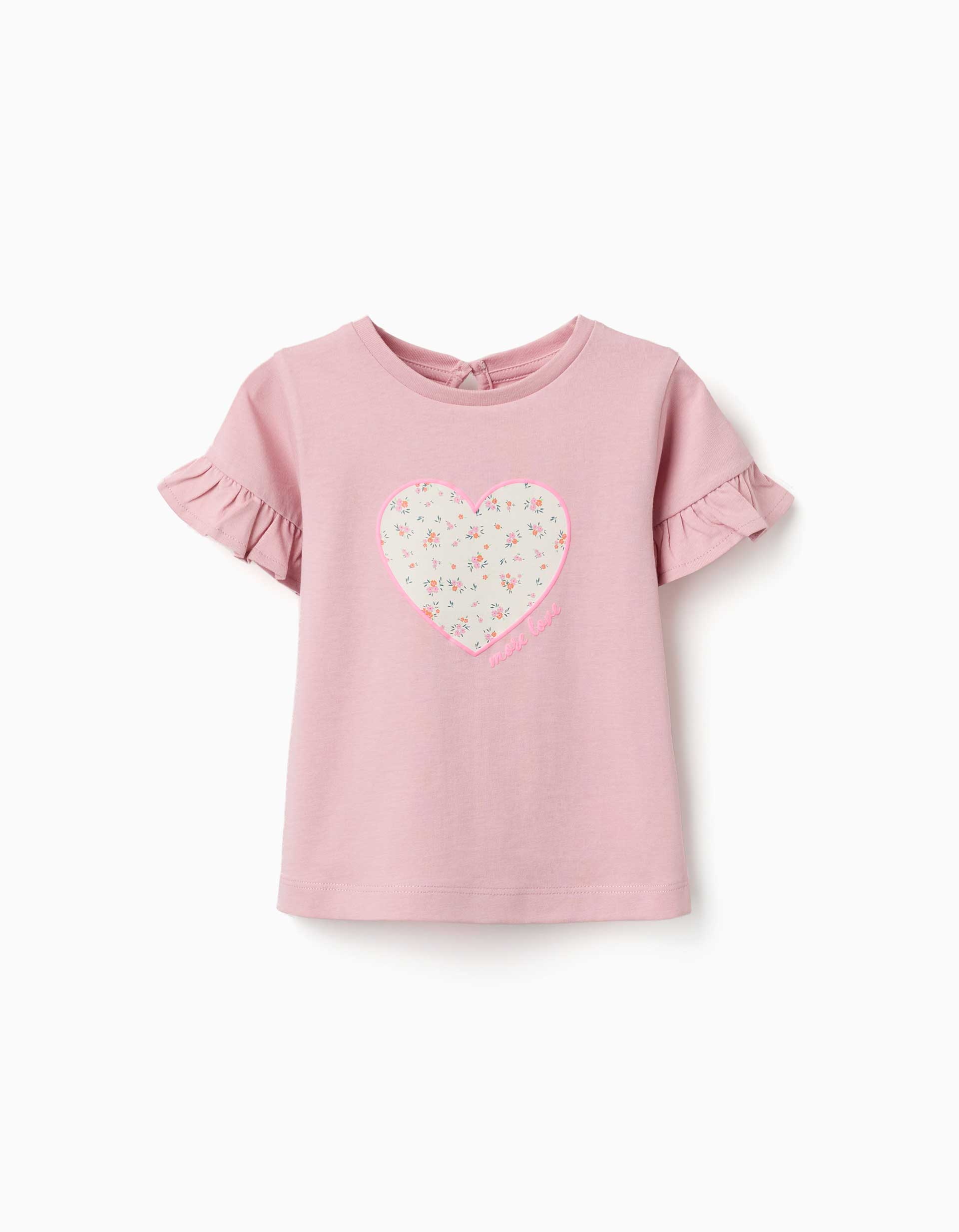 T-shirt de algodão com estampado de coração floral para bebé menina, rosa