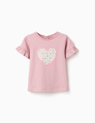T-shirt de algodão com estampado de coração floral para bebé menina, rosa