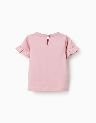 T-shirt de algodão com estampado de coração floral para bebé menina, rosa