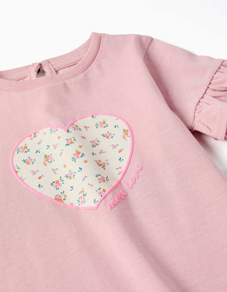 T-shirt de algodão com estampado de coração floral para bebé menina, rosa