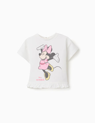 Camiseta de algodón con estampado Minnie y volantes para bebé niña, blanco