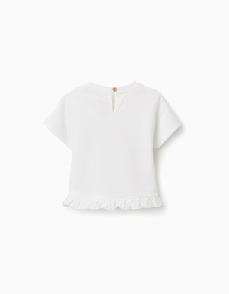 Camiseta de algodón con estampado Minnie y volantes para bebé niña, blanco