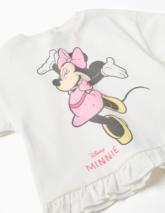 Camiseta de algodón con estampado Minnie y volantes para bebé niña, blanco