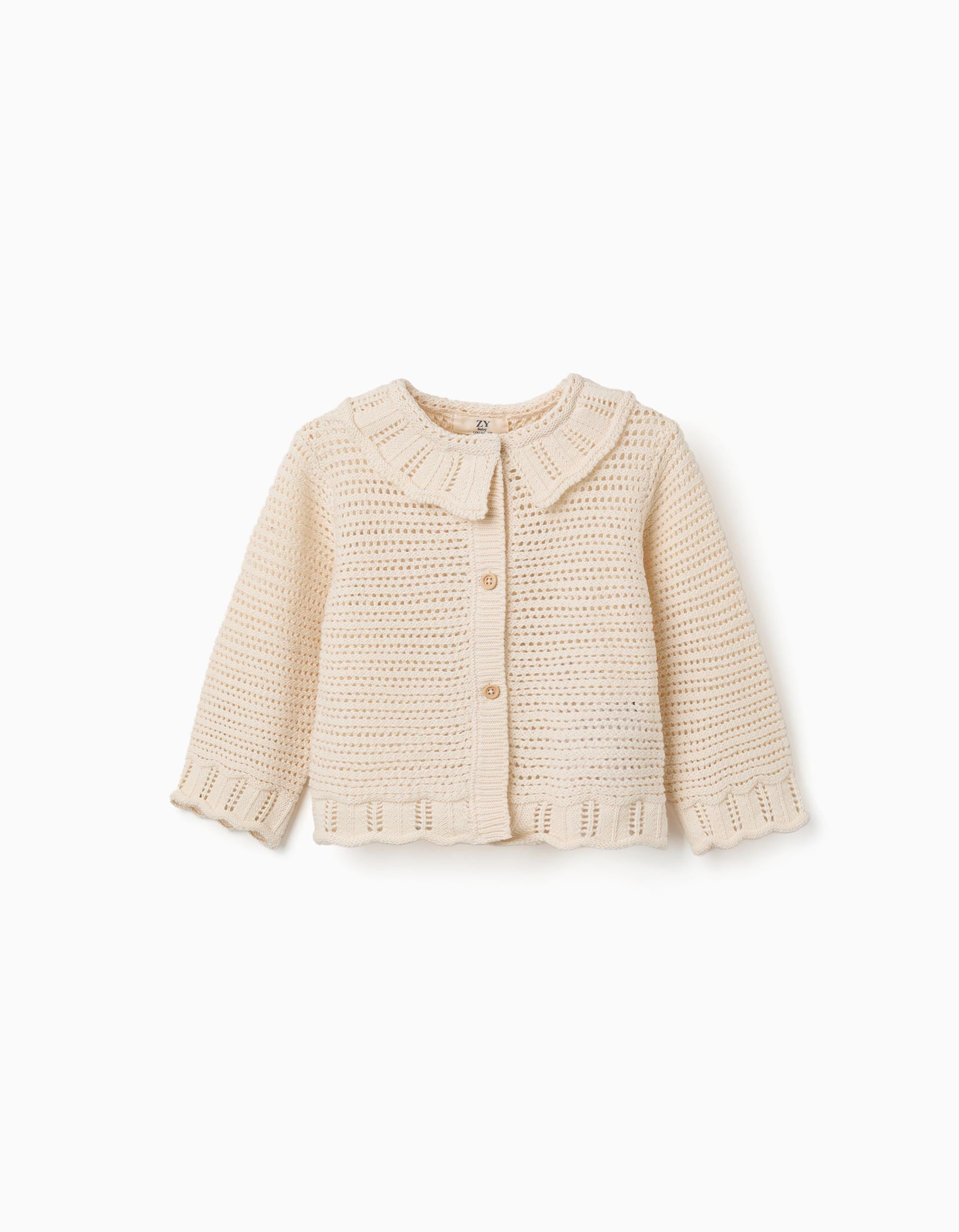 Cotton knit jacket with openwork details for baby girls, light beige
