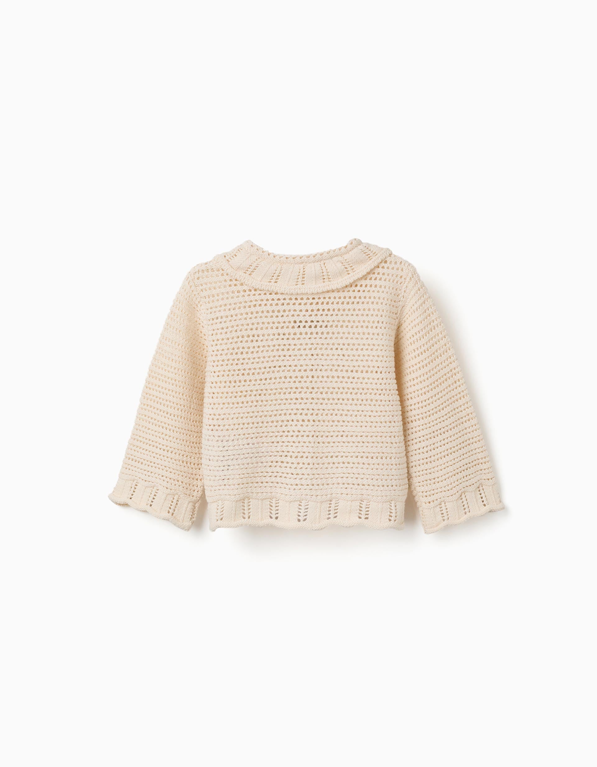 Cotton knit jacket with openwork details for baby girls, light beige