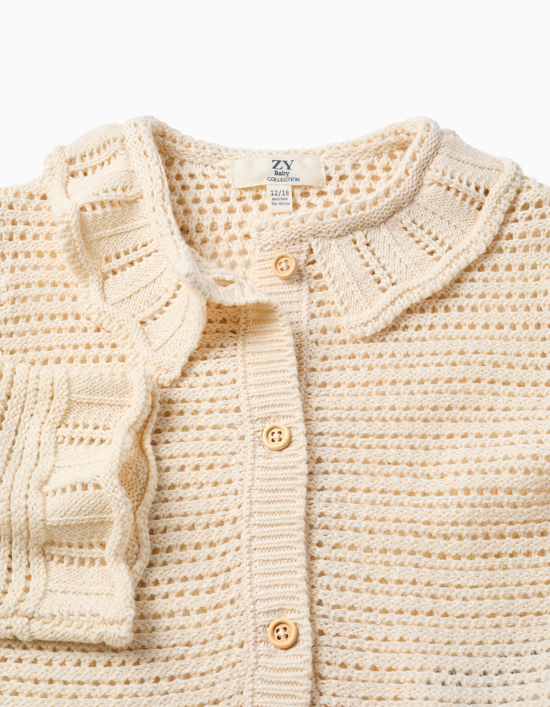 Cotton knit jacket with openwork details for baby girls, light beige