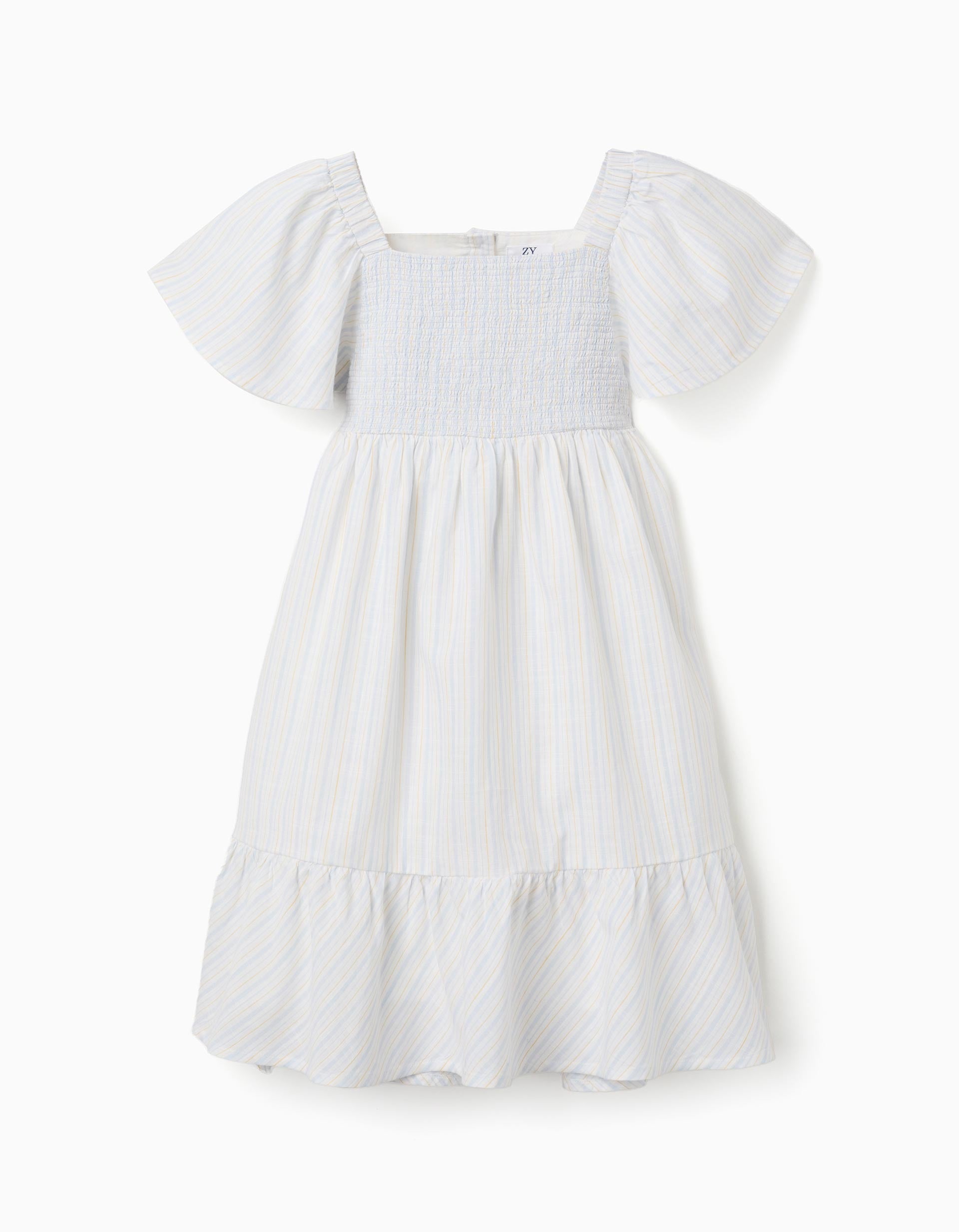 Striped cotton dress with lining B&S for girls, white/yellow/blue