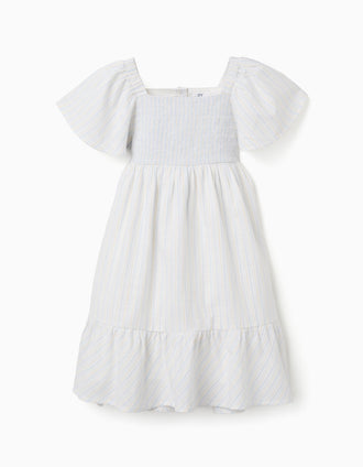 Striped cotton dress with lining B&S for girls, white/yellow/blue