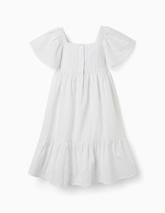 Striped cotton dress with lining B&S for girls, white/yellow/blue