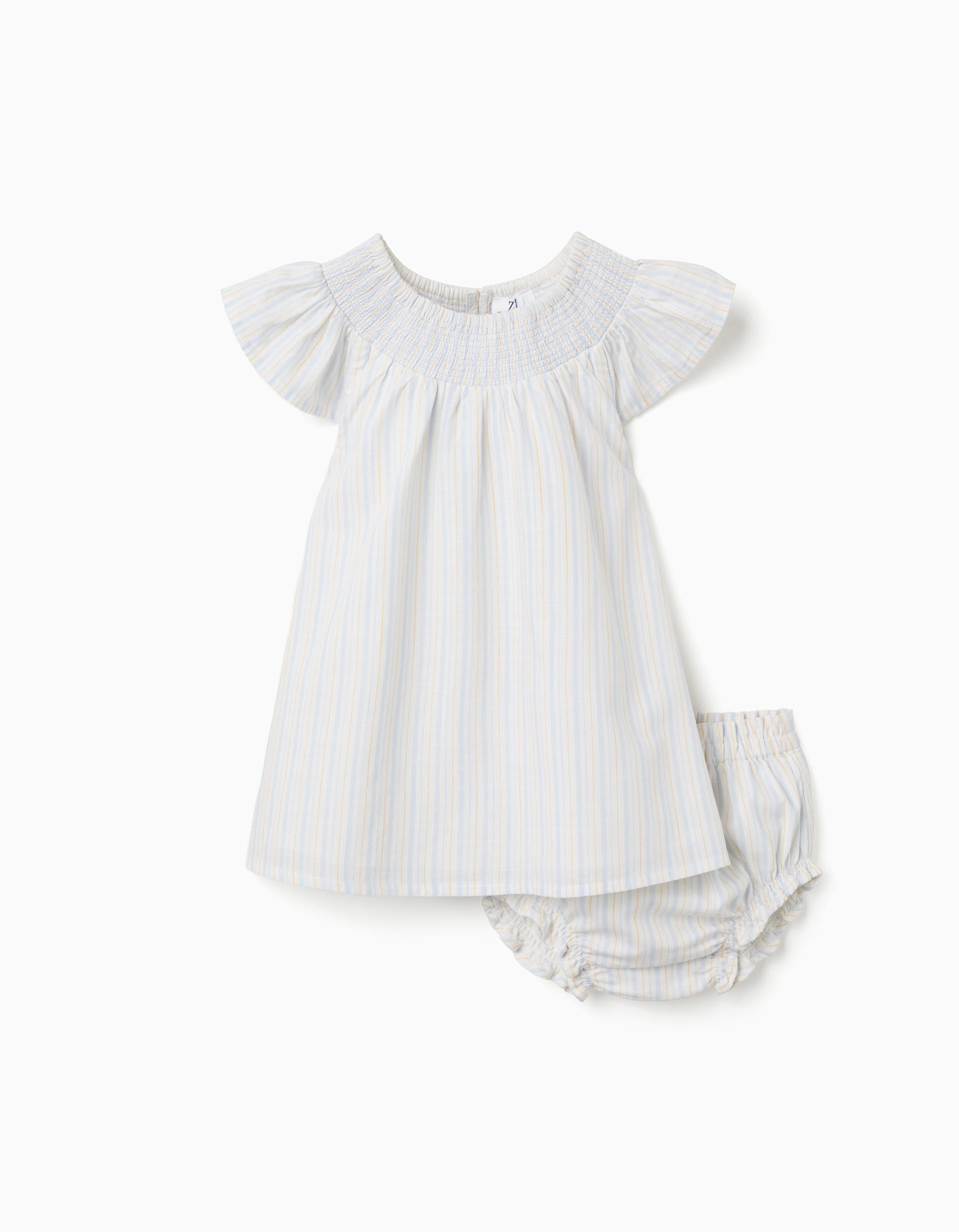 Striped cotton dress and bloomers B&S for baby girls, white/yellow/blue