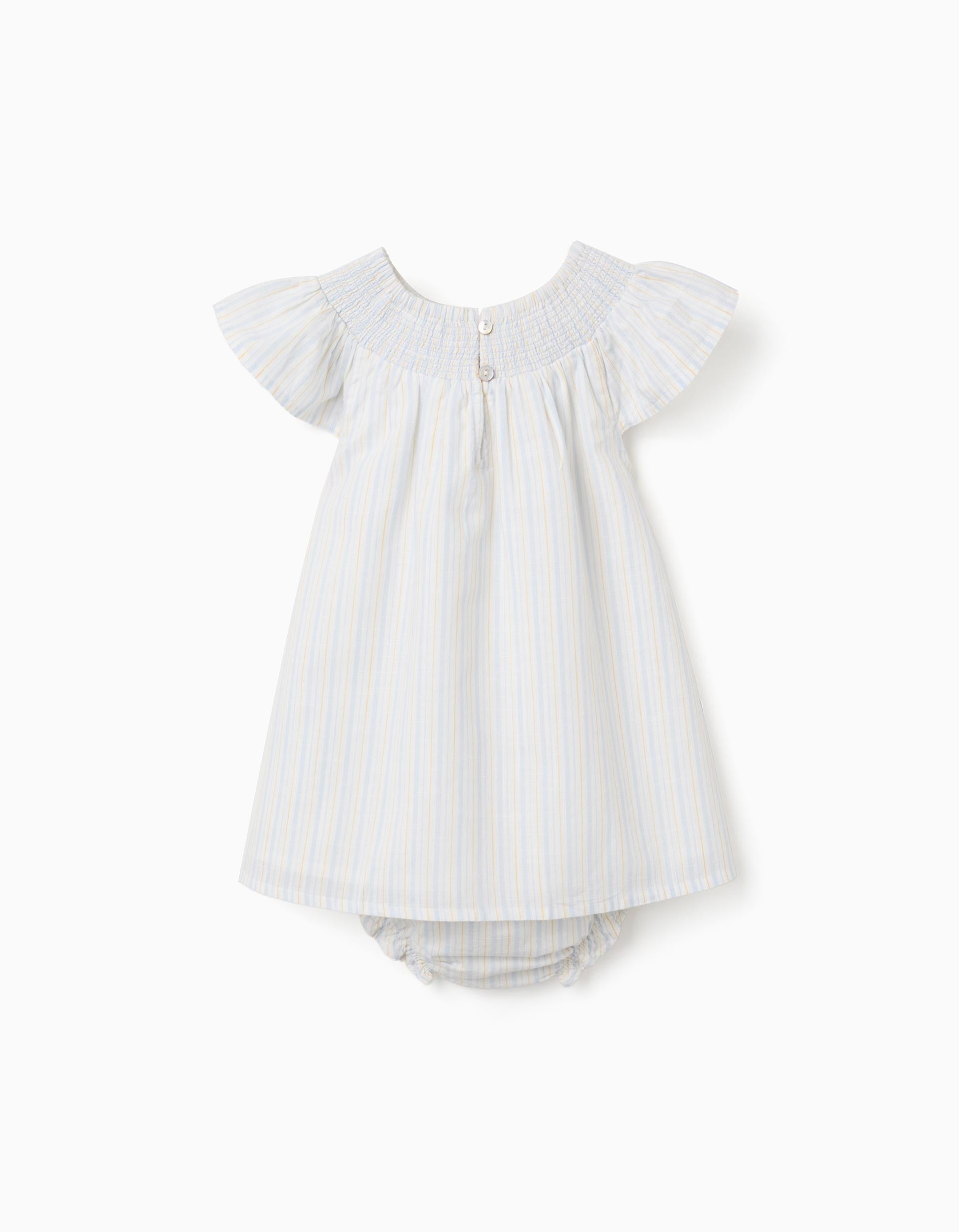 Striped cotton dress and bloomers B&S for baby girls, white/yellow/blue