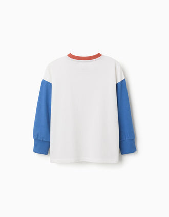 T-shirt de manga comprida com bolso para menino, branco/azul/castanho