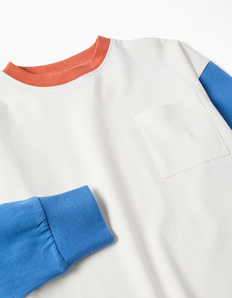 T-shirt de manga comprida com bolso para menino, branco/azul/castanho