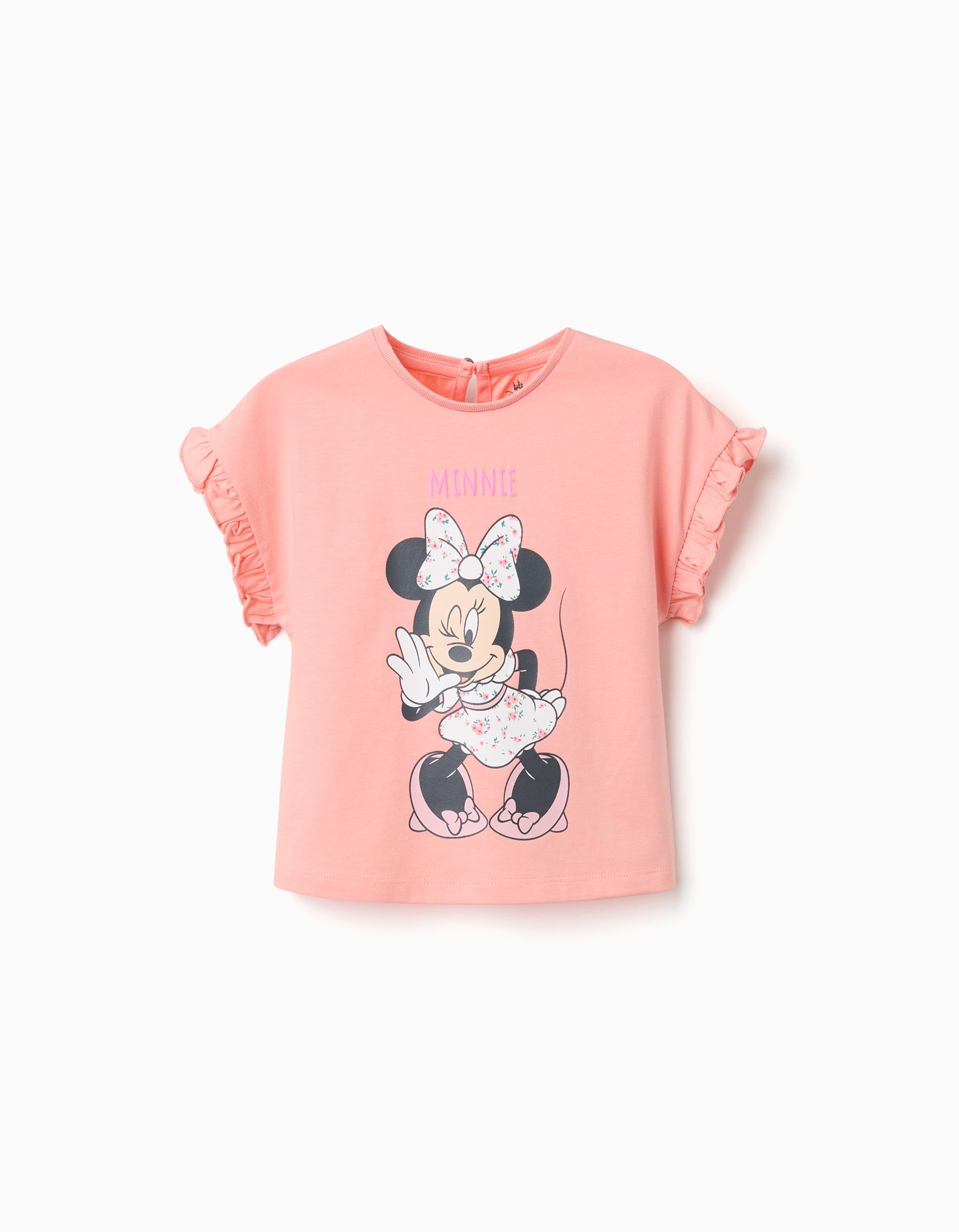T-shirt en coton avec imprimé Minnie et volants pour bébé fille, saumon