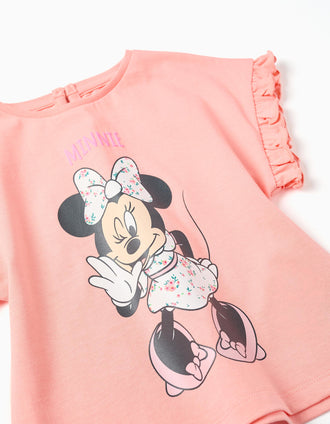 T-shirt en coton avec imprimé Minnie et volants pour bébé fille, saumon