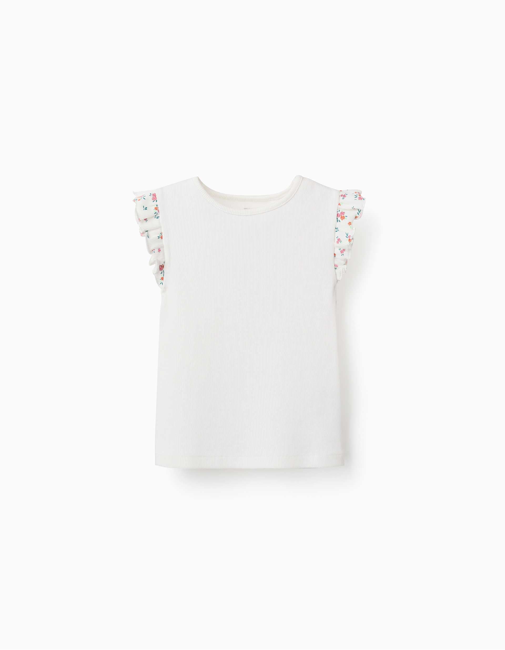 T-shirt de algodão canelado com folhos para menina, bege-claro