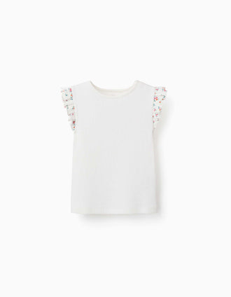 T-shirt de algodão canelado com folhos para menina, bege-claro