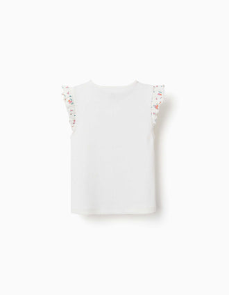 T-shirt de algodão canelado com folhos para menina, bege-claro