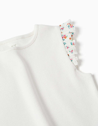 T-shirt de algodão canelado com folhos para menina, bege-claro