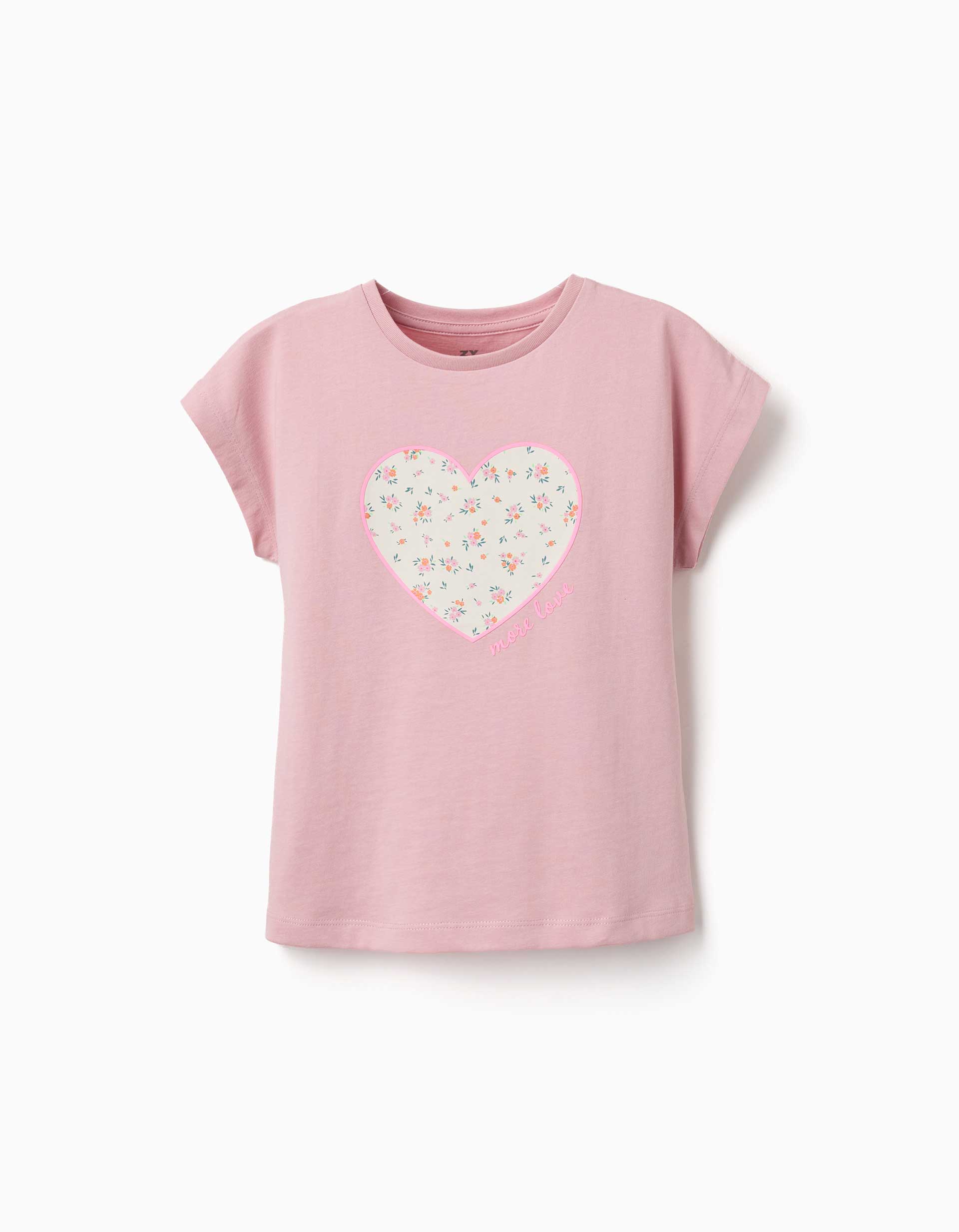 T-shirt de algodão com estampado de coração floral para menina, rosa