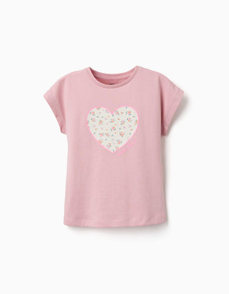 T-shirt de algodão com estampado de coração floral para menina, rosa