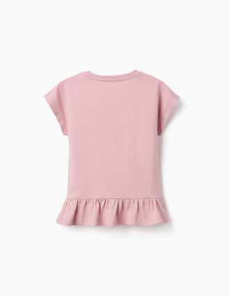 T-shirt de algodão com estampado de coração floral para menina, rosa
