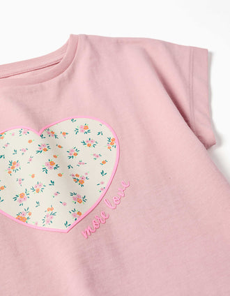 T-shirt de algodão com estampado de coração floral para menina, rosa